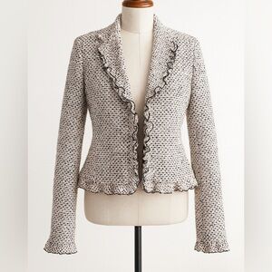 Vintage Y2K BIGIO Women's Pink Tweed Ruffle‎ Snap Button Blazer Jacket sz 12 USA